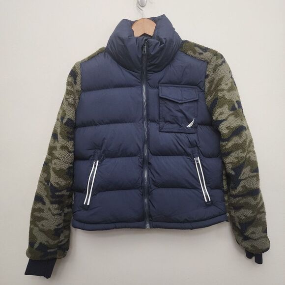Nautica Womens Camouflage Mixed Media‎ Faux Shearling Puffer Jacket Size Small - Picture 1 of 12